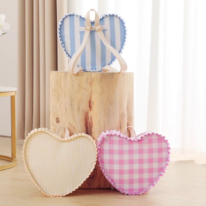 Wholesale Custom Girls Pink Ruffle Nylon Travel Gingham School Book Bag Kids Kindergarten Mini Heart Backpack Women's Backpacks