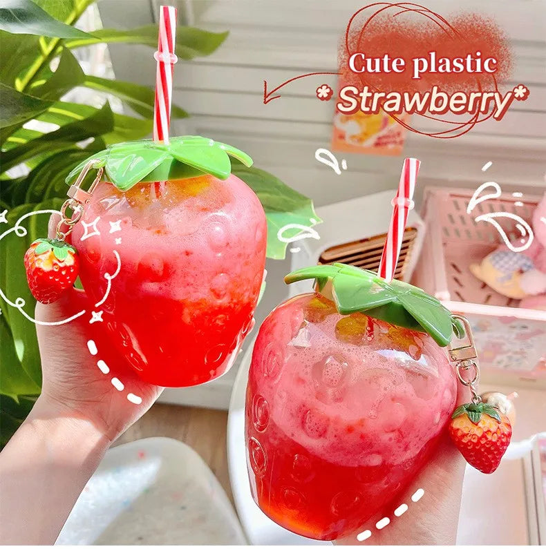 Wholesale Cute Strawberry Cup Creative Clear Plastic Water Bottles for Kids Girl Student With Straw