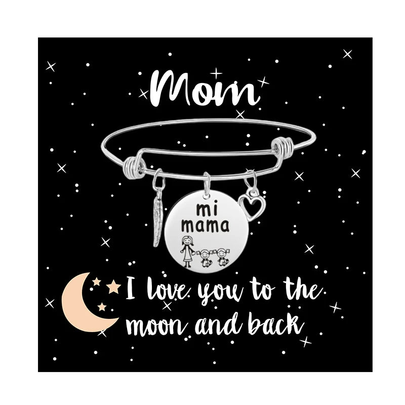 Manufacturer Stainless Steel Adjustable Wire Bangle with Family Father Mother Daughter Son Grandpa Charm Gift Bangles for Women