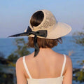 Summer Foldable Sun Hats Travel Beach Bow Tie Straw Hat  Knitted Empty Top Big Brim