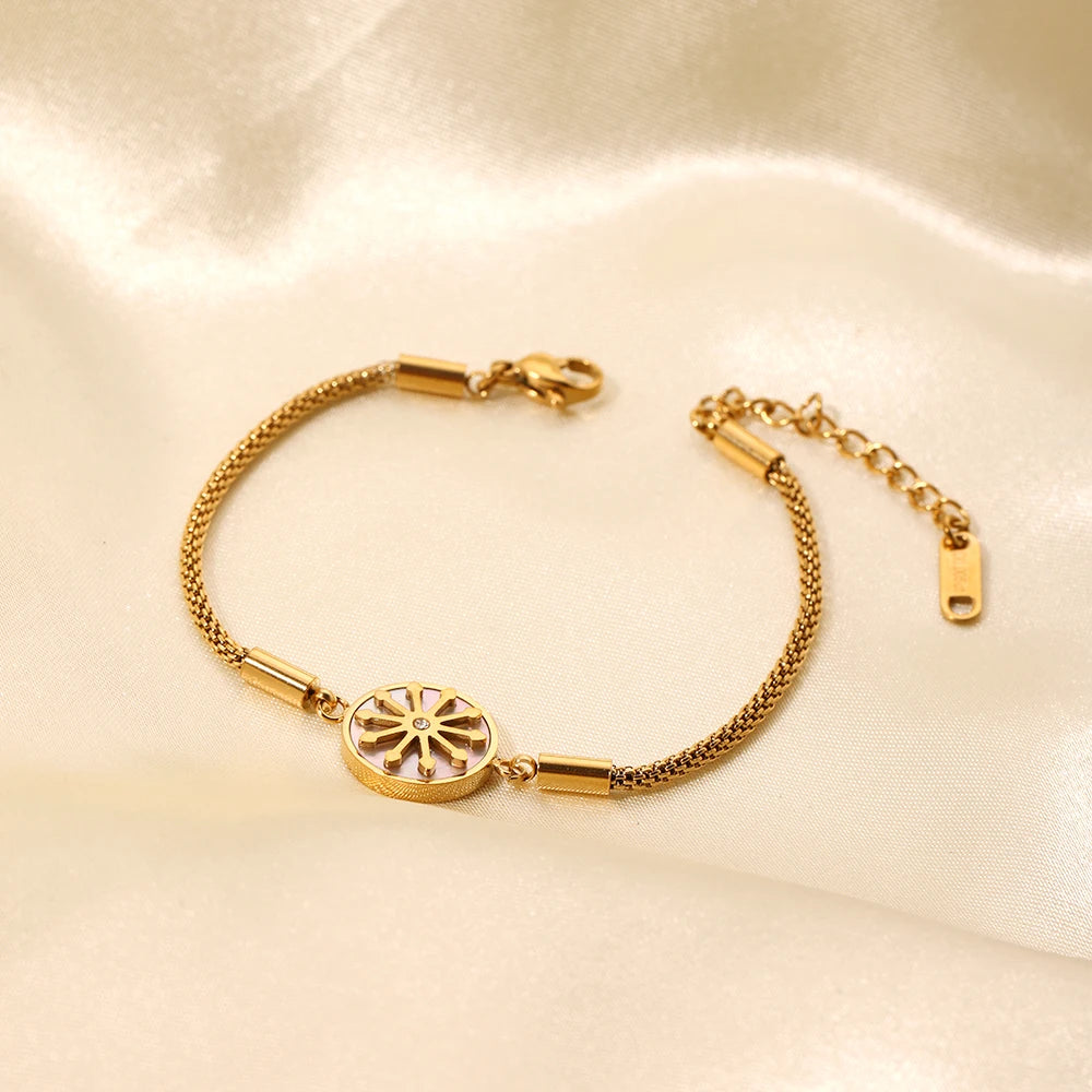 Wholesale Stainless Steel 18K Gold Plated Mesh White Shell Women Bracelets Dandelion Mother of Pearl Jewelry