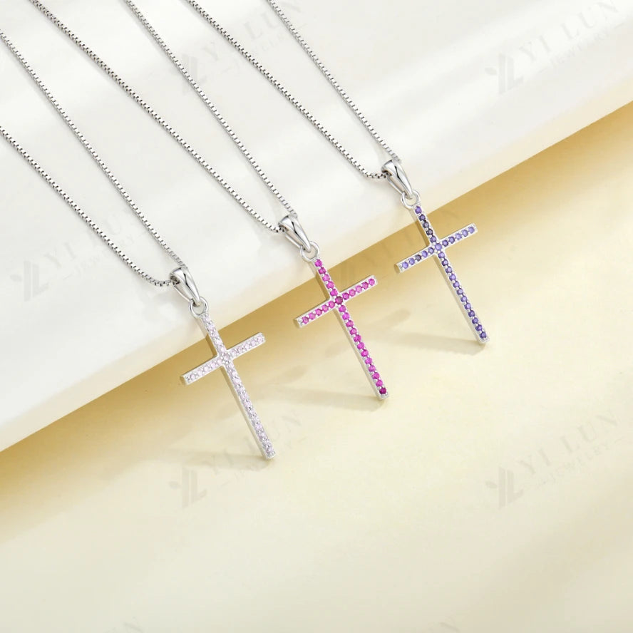 Wholesale 925 Sterling Silver Cross Pendant Necklaces Colorful Cubic Zirconia Religious Cross Necklaces Jewelry for Women Gifts