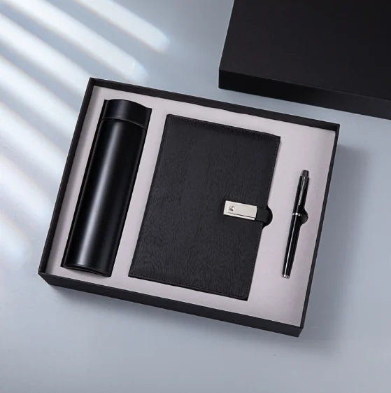 Wholesale New Trendy Business 3 in 1 Gift Set Vacuum Cup Gift Set Pu Leather Notebook with Usb Pen and Cup Set