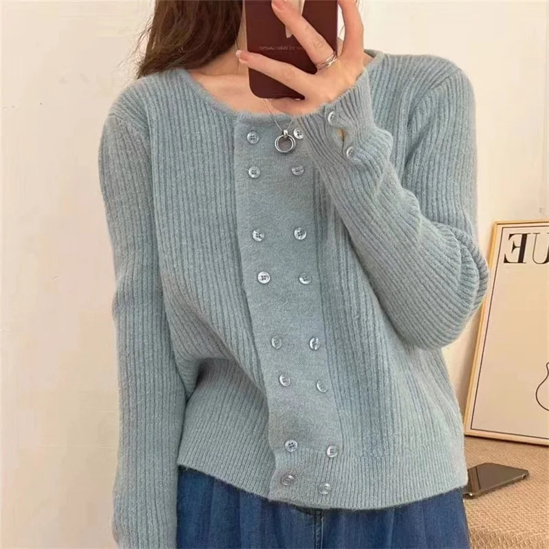 Hot-Selling Custom Solid Women's Double Breasted Cardigan Jacket Autumn Korean Casual Style Front Logo Button Knitwear Sweater