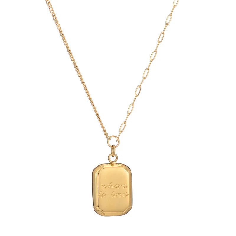 18k Gold Plating Geometric Square Tags Pendant Necklace Letter Good Luck Necklace for Jewelry Gift