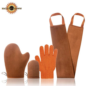 Custom Size 4 in 1 Velvet Water Proof Tanner Body Self Tan Back Applicator Exfoliating Gloves Sunscreen Tanning Mitt Glove Set