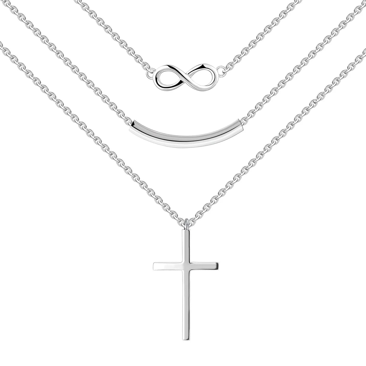 Multiple Chain Layer Necklace Jewelry 925 Sterling Silver Zircon Cross Pendant Three Layered Necklace