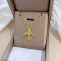 Fashion Gold Plated Stainless Steel Crystal Full Diamond Stereoscopic Aircraft Pendant Necklace for Women Girls Wedding Jewelry