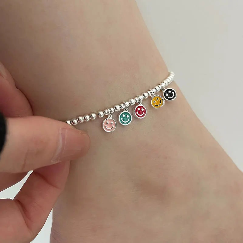 GT Hot Selling Fashion S925 Sterling Silver Anklet for Women Non Tarnish Anklets Colorful Smiling Face Anklet Jewelry 2022