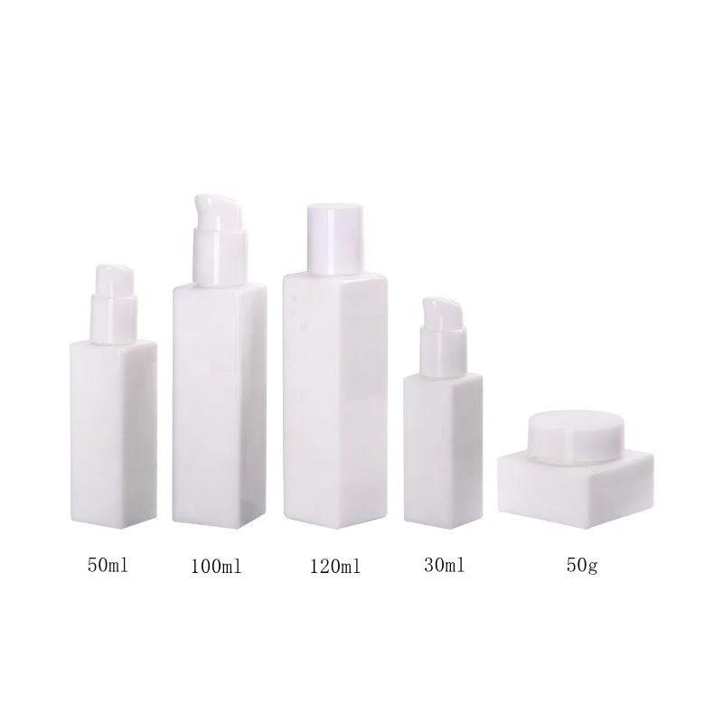 White square Glass cosmetic Bottle 30 ml 50 ml 100 ml 120 ml Opal Glass Bottle and square Glass Jar Cream with  Cap