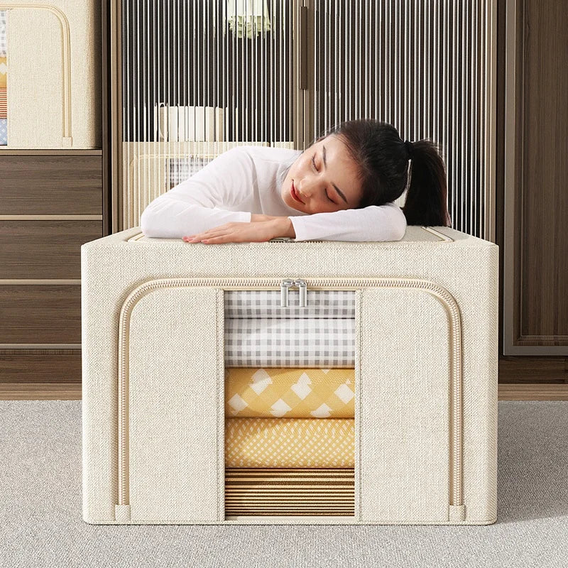 Low Price Foldable Metal Frame Storage Box with Clear Windows Stackable Linen Fabric Organizer Handles for Shoes and Bags