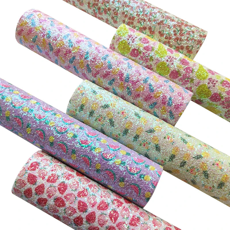 Fruit Multicolored Printed Sparkling Chunky Glitter Faux Leather Fabric Roll/Sheet Twill Back for Making Bow Shoe Bag Craft