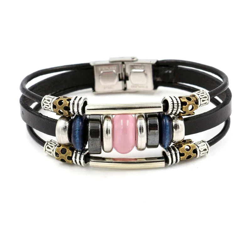 Ethnic Style Stainless Steel Buckle Multi-layer Leather Pink Opal Beaded Charm Bracelet Antique Silver Plating Geometric Design