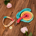 Personalized Custom Logo Tag Leather Dog Collars and Leads Rainbow Design Cotton Braid Hemp Hands-Free Dog Leash