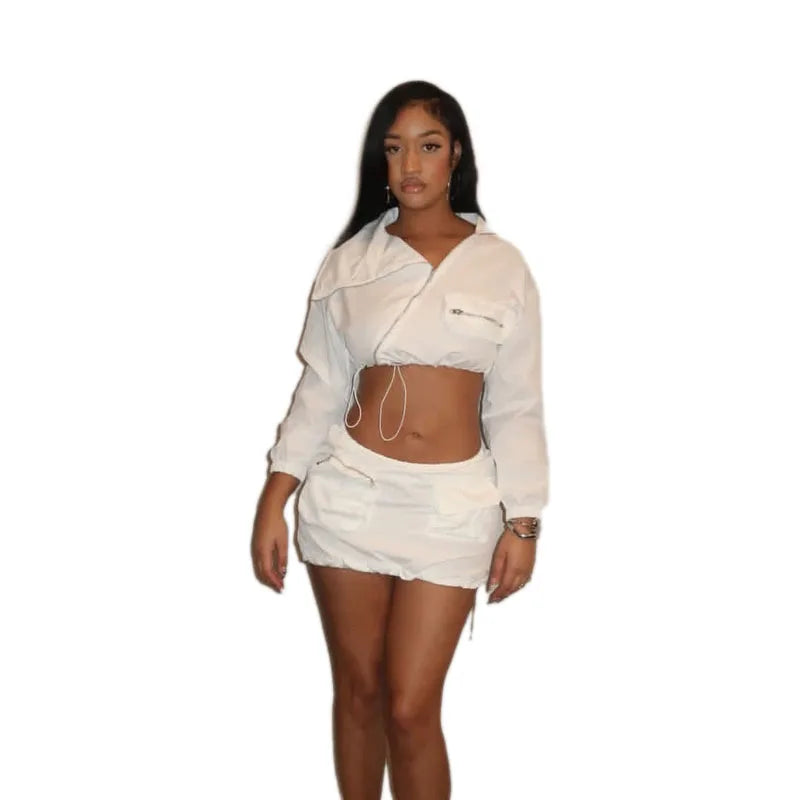 KY Women's 2 Piece Set Cropped Zipper Windbreaker Suit with Long Sleeve Top and Mini Short Skirt for Daily Casual Wear
