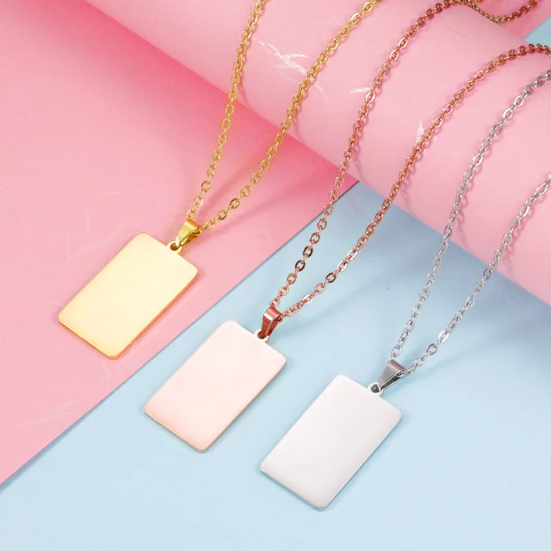 Customizable Geometric Blank Necklaces 18K Gold Plated Mirror Stainless Steel Rectangular Laser Pendant Chain Necklace