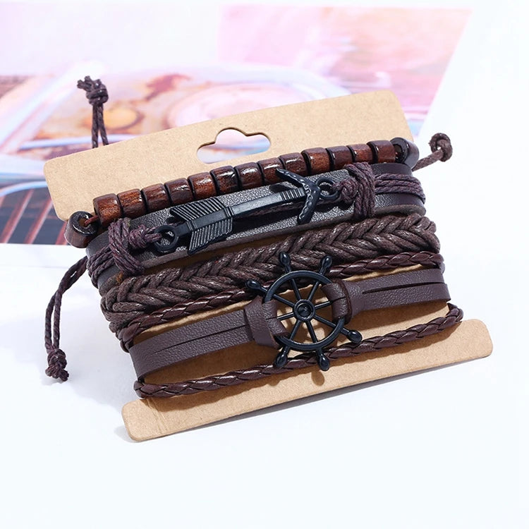 Fashion Charm Arrow Rudder Wooden Beads Multilayer Braided Adjustable Wrap Leather Bracelet Set Jewelry for Men