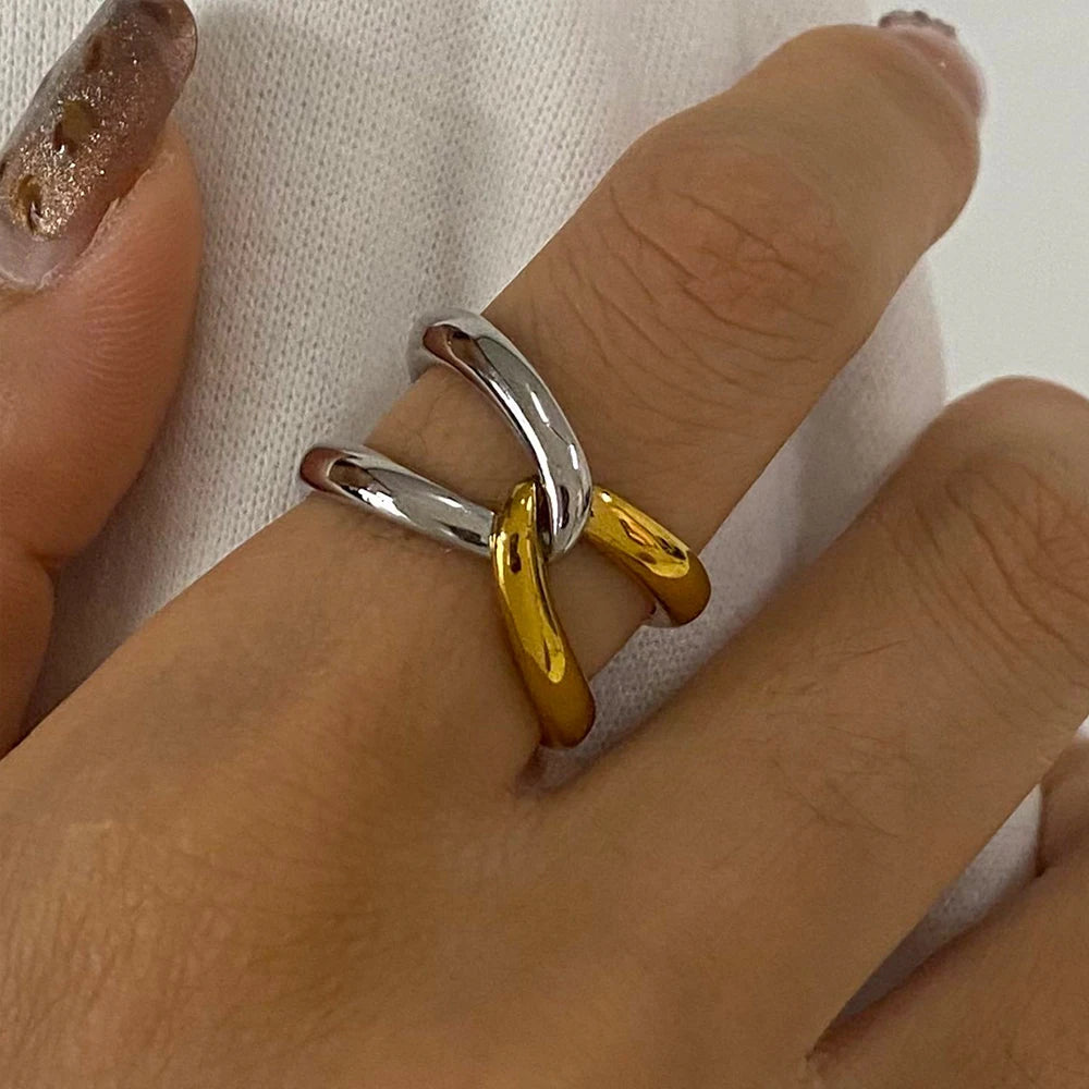 Fashion 18k Gold Plated Stainless Steel Finger Ring Waterproof Design Smooth Line Double Layer Rings Jewelry Women