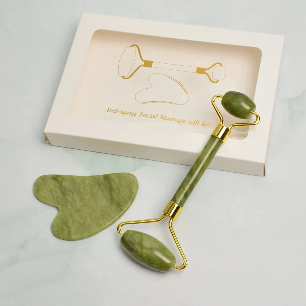 Factory Supply Natural Jade Roller Guasha Massage Double Head Jade Roller Wholesale Face Roller Gua Sha Set Rouleau De Jade