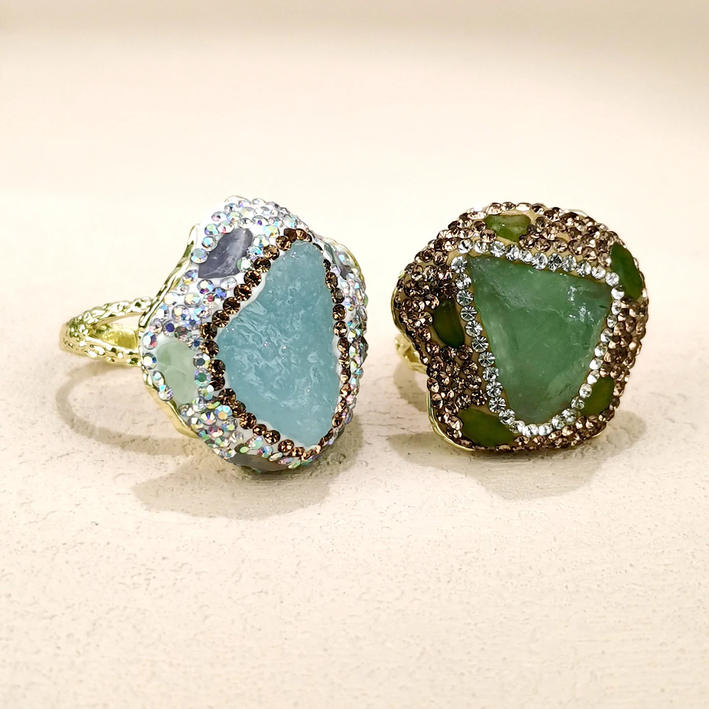 Adjustable Women Ring Fashion Jewelry Newest Aquamarine Rainbow Fluorite Rings Raw Gemstone Ring for Women Girls Daily Life