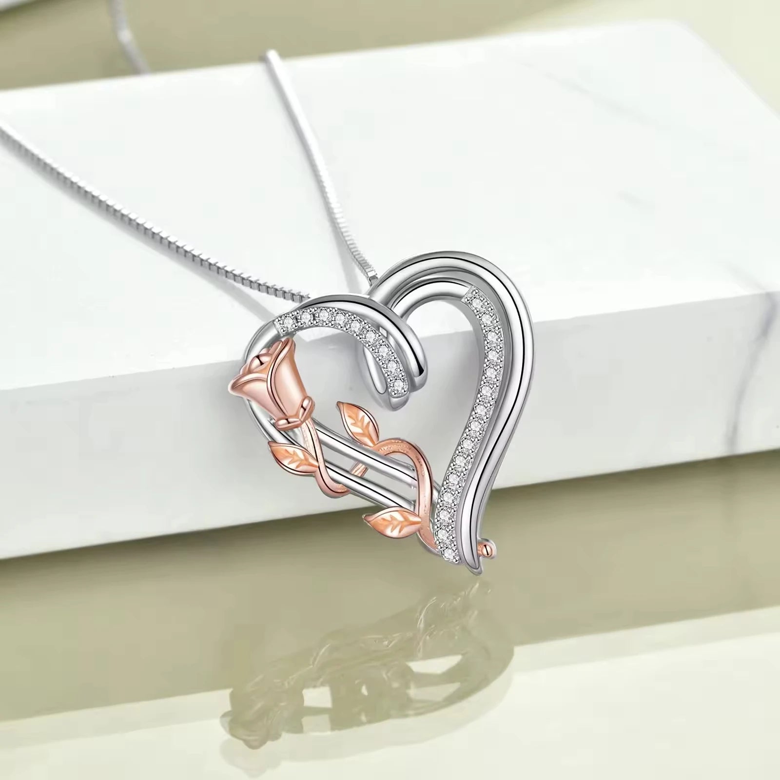 S925 Sterling Silver Two Tone Rose Flower Zircon Heart Pendant Necklace for Women