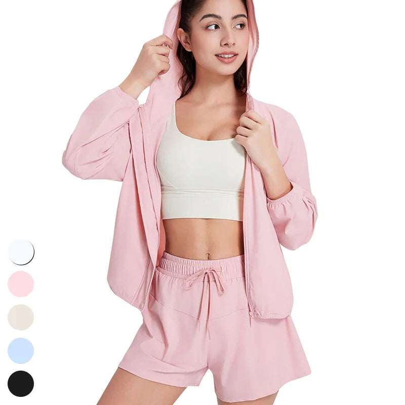 Quick Dry Sun Protection Cool Feel Running Fitness Set Long Sleeve Jacket Sports Shorts 2 Piece Suits Gym Fitness Yoga Set Women