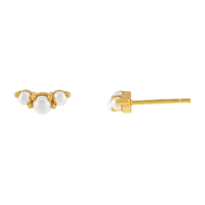 Gemnel Fashion Jewelry 925 Silver 18 k Gold Round Pearl Trio Pearl Stud Earrings
