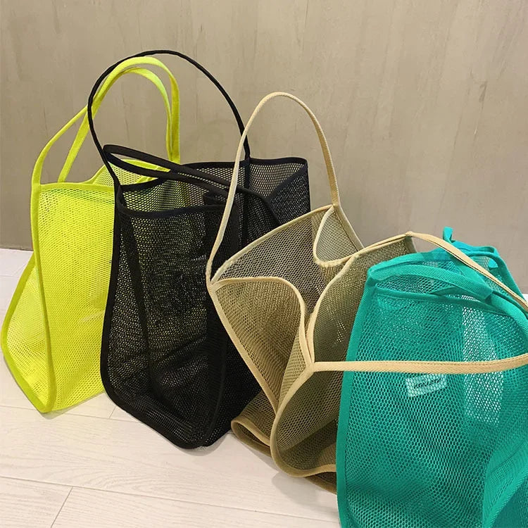 Women Mesh Handbag Fashion Ladies Foldable Shopping Shoulder Bags Reusable Daily Use Beach Bag Designer Light Large Casual Tote