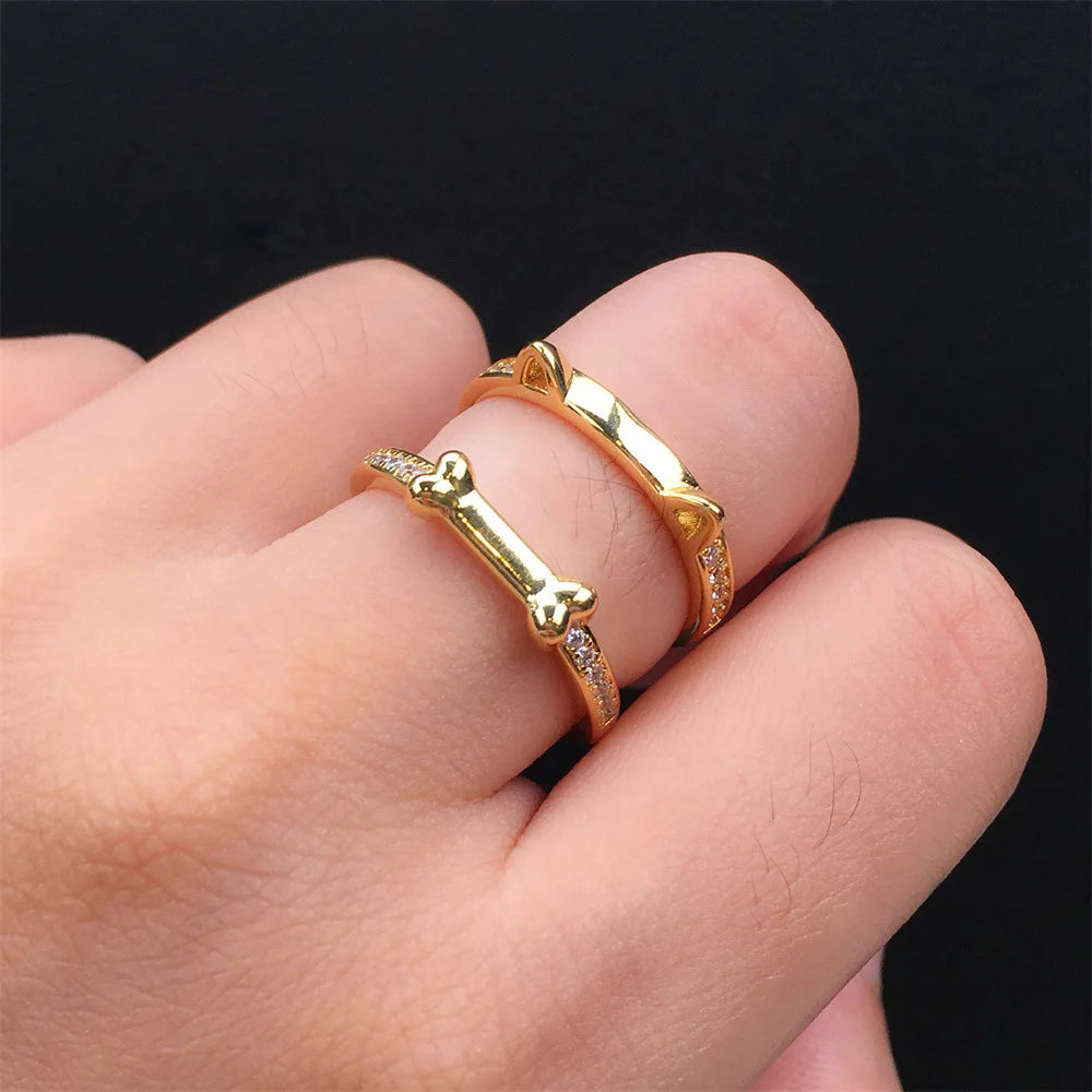 New Fashion Gold Plated Zircon Rings Simplicity Geometric Animal Rings Cute Opening Adjustable Pet Dog Bone Cat Ears Rings