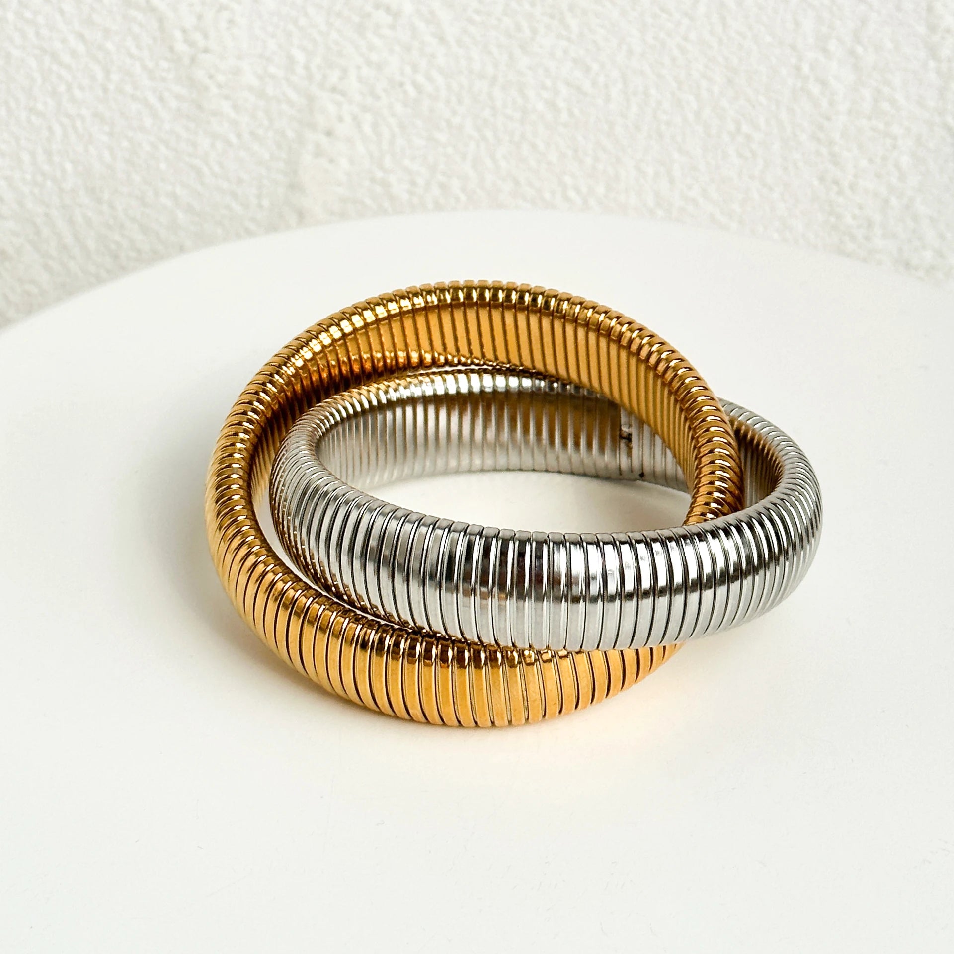 High Quality Waterproof Jewelry Stainless Steel 18K Gold and Silver Double Color Spring Snake Texture Bracelet Bangle YF3597