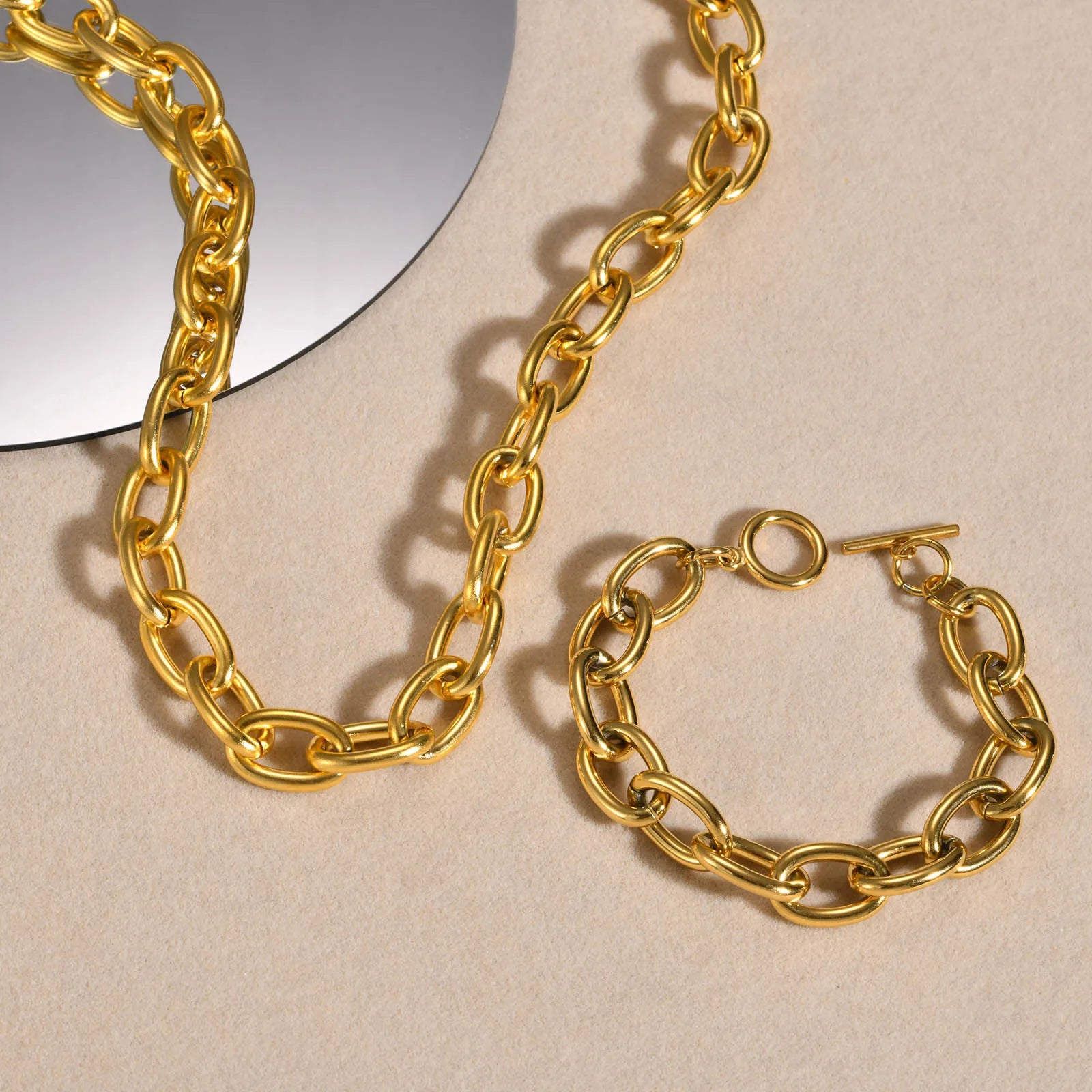 Trendy Big Tarnish Free 18k Gold Plated Bracelet Necklace Stainless Steel 2 Jewelry Set for Woman