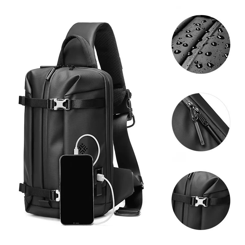 Outdoor Travel Water Resistant Small Crossbody Sling Backpack Men Fashion Chest Bag with USB Charging