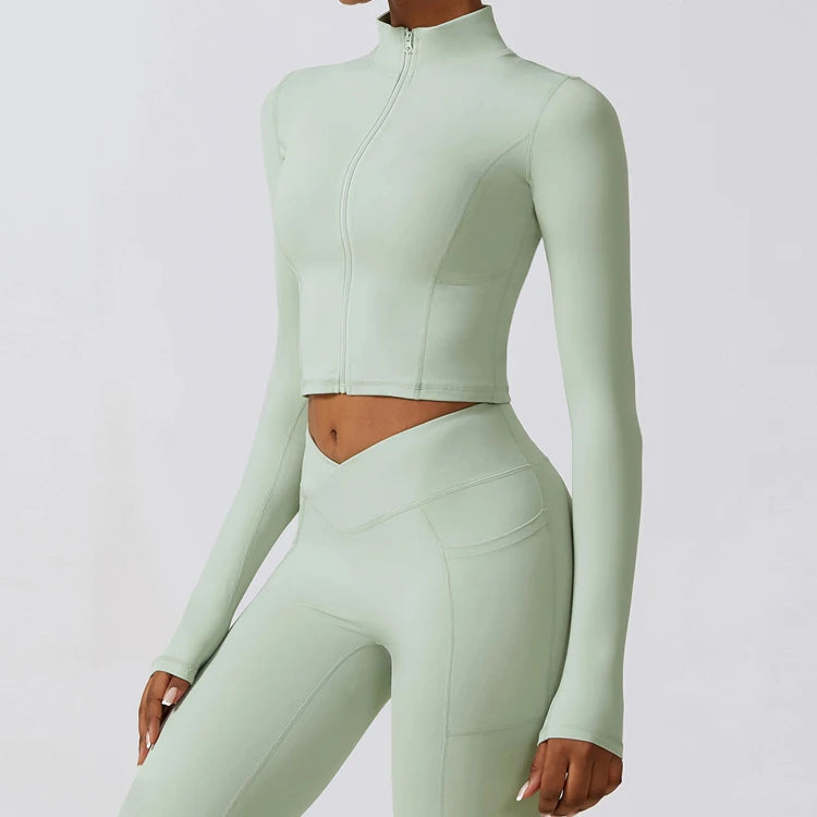 Custom Women Sports Yoga Jacket Zipper Breathable Four-Way Stretch Quick Dry Regular Fit Long Sleeve Gym Fitness