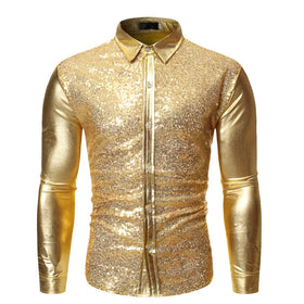 RNSHANGER Fashion Sequin Metallic Dress Shirts Men 2023 New Long Sleeve Disco Party Shirt EU Size Male Christmas Shirts