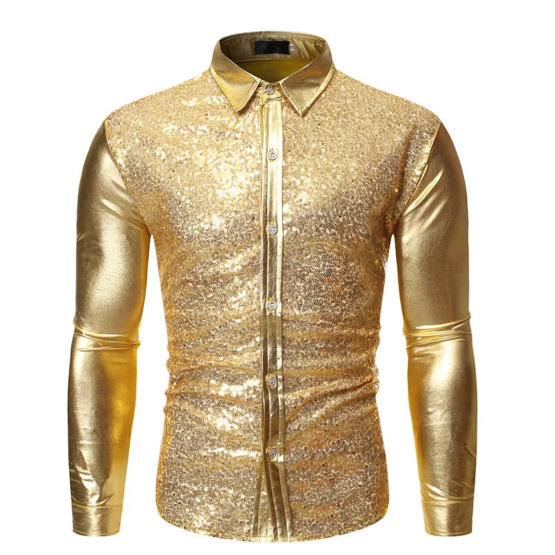 RNSHANGER Fashion Sequin Metallic Dress Shirts Men 2023 New Long Sleeve Disco Party Shirt EU Size Male Christmas Shirts