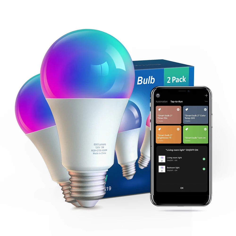 2Pack Set E26 A19 RGB Multi Color BT and Tuya App Control Alexa Google Assistant Dimmable LED Smart Light Bulbs