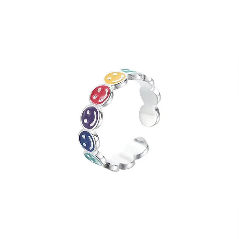 Colorful Smiling Face Shape Knuckle Ring Adjustable Open 925 Sterling Silver Finger Rings Fashion Jewelry for Women