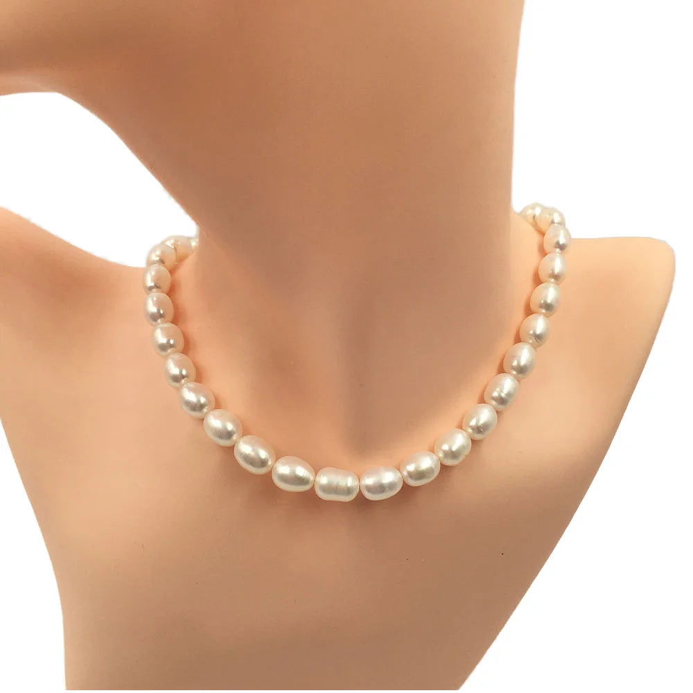 35-50 cm Choker Necklace With Stainless Steel Real Gold Plating Claspnatural Freshwater PearlAA 7.3-8.3 mm Rice Pearl Durable