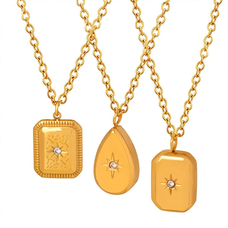 Dainty Elegant Stainless Steel 18K Gold Plated Stackable Waterproof Sunburst Star Geometry Pendant Necklace for Women Daily Wear