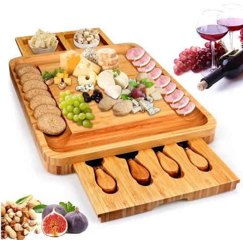 Bamboo Cheese Board with Cheese Tools Cheese Plate Charcuterie Platter with Utensils Set and 4 Stainless Steel Cutting Knives