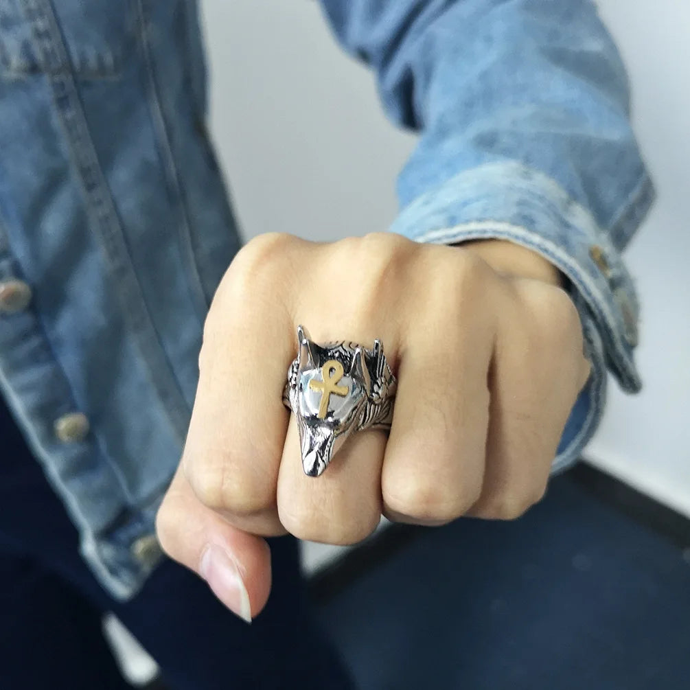 Anubis Irregular Wolf Goth Rings Stainless Steel Ancient Egypt Vintage Death Rings for Men