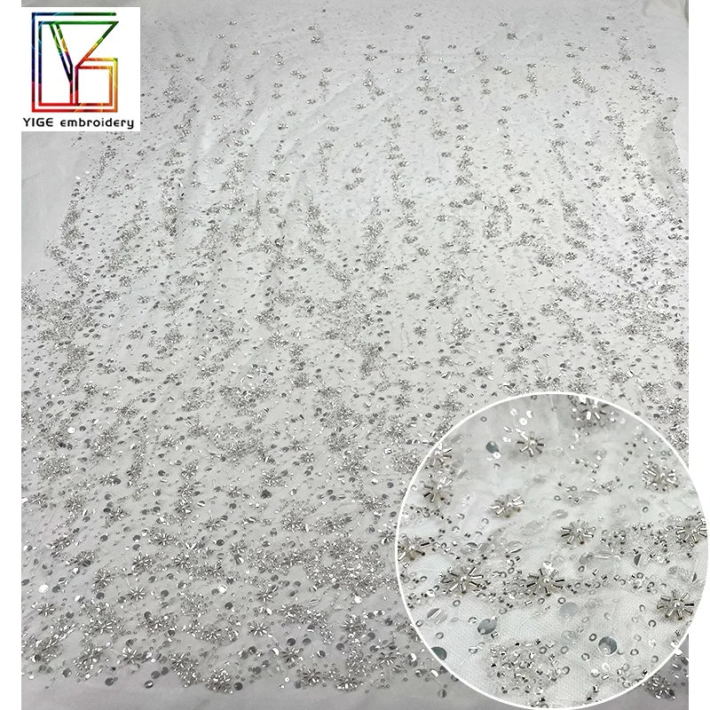 New Arrival French White Tulle Lace 3d Beads Sequins Africain Mesh Luxury Bridal Lace Fabric