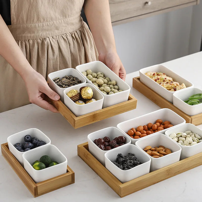 Classic Creative Division Tray Snack Nut Plate Dry Fruit Plate Sauce Platter Eco-Friendly Ceramic Bamboo Hotels Household Fruit
