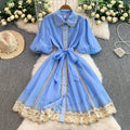 Retro Sweet Lace Women's New Single-breasted Waist-cinching Elegant Midi Dress