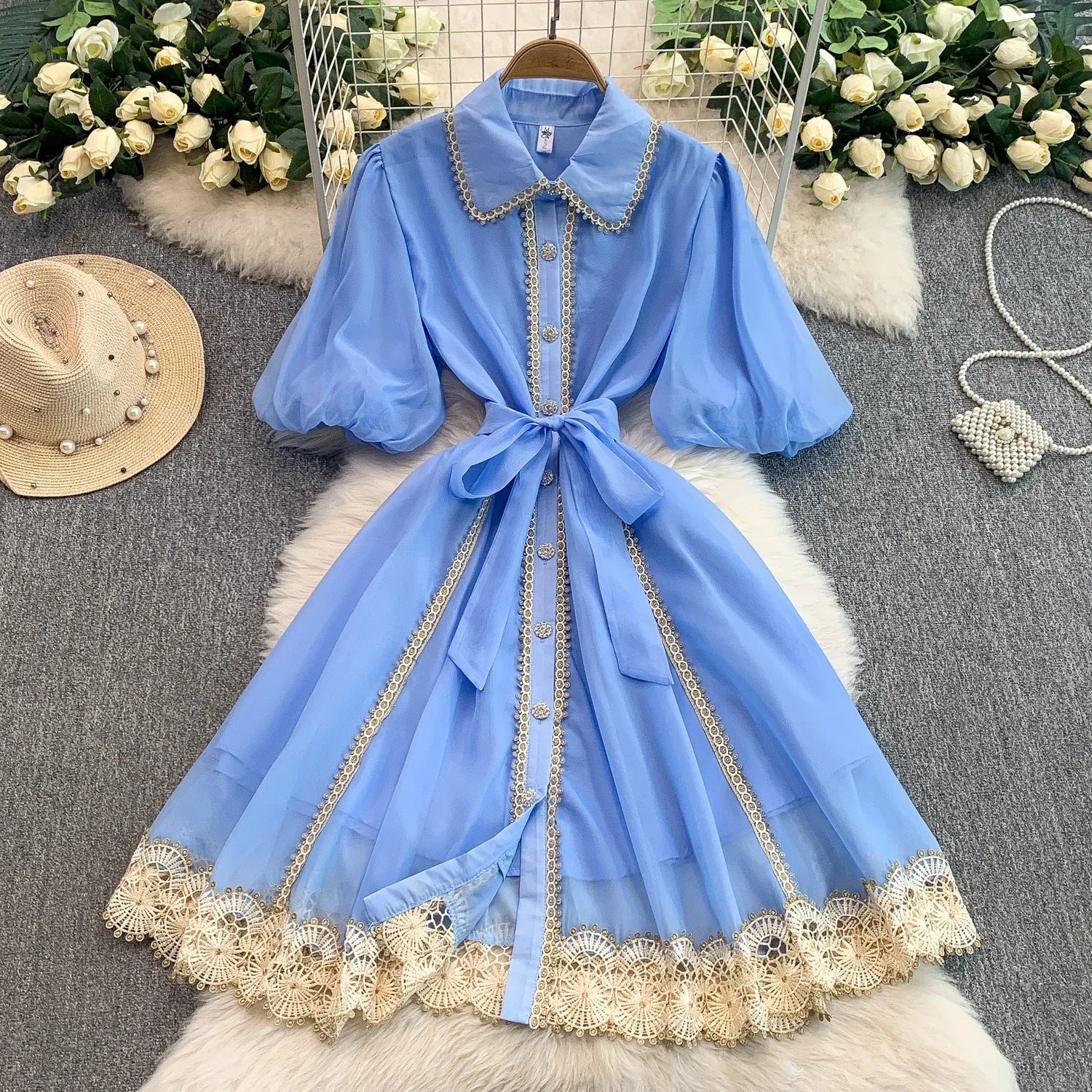 Retro Sweet Lace Women's New Single-breasted Waist-cinching Elegant Midi Dress