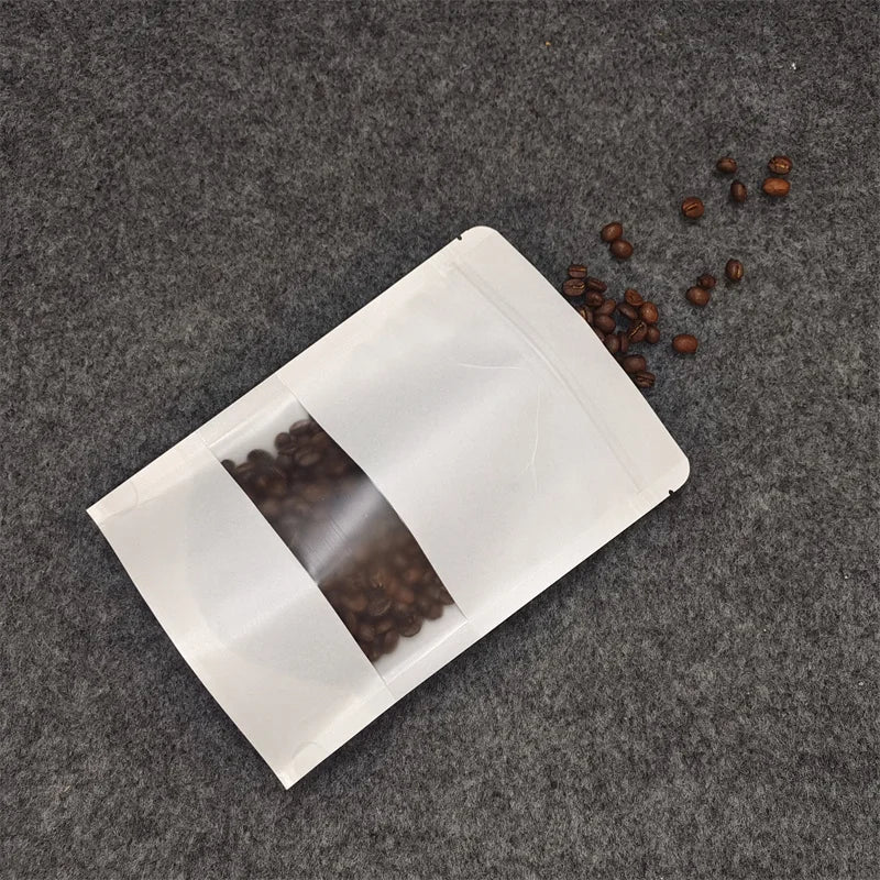 Stand up White Kraft Paper Reclosable Zip Lock Plain Heat Sealable Food Packaging Doypack Pouches Bags With Matte Window