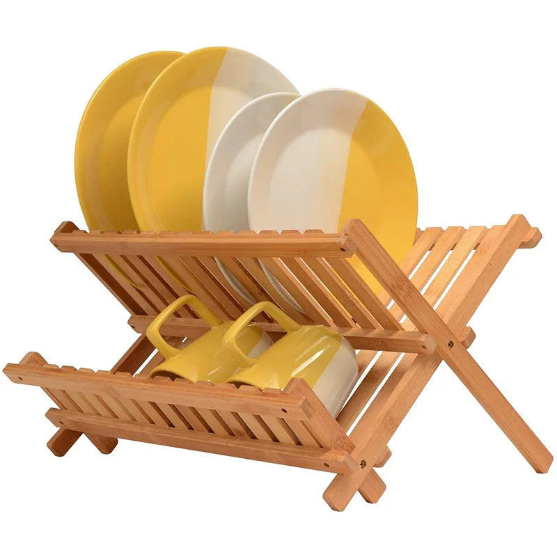 2-Tier Bamboo Collapsible Dish Drying Sink Rack Multifunctional Kitchen Countertop for Plate Draining and Tool Organization