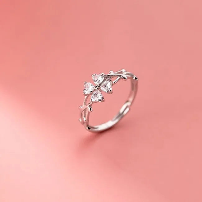 925 Sterling Silver Cubic Zirconia Adjustable Finger Ring Four Leaf Clover Shape Knuckle Rings Fashion Jewelry for Women