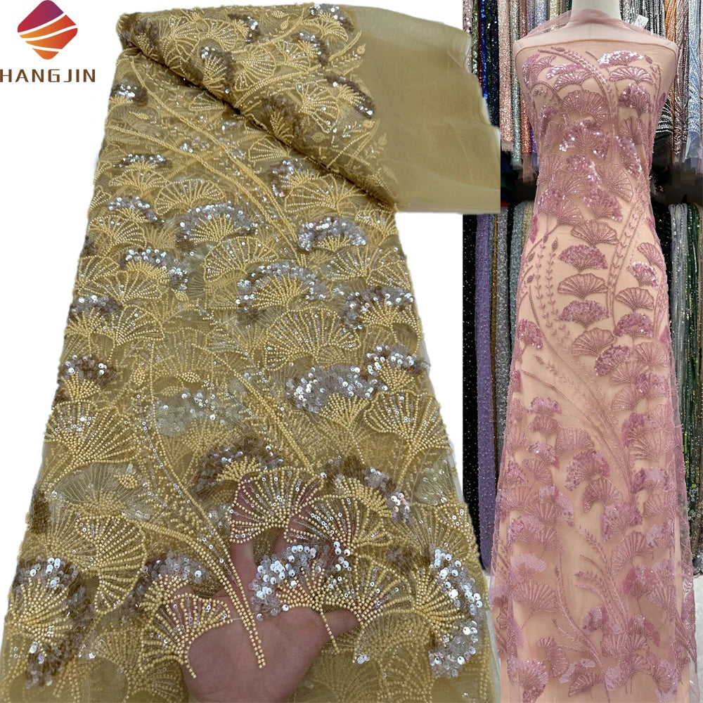 Luxurious Handmade Beaded Sequin French Lace Fabric Wholesale Nigerian Lace Fabrics Sequins Embroidery for Party Wedding Dress