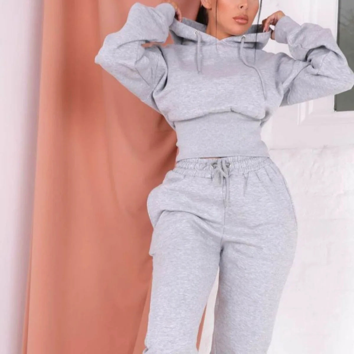 Women's Customizable White Hoodie Set Oversize French Terry with 3D Embossed Design Winter Streetwear Hooded Collar Front Logo